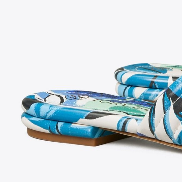 Tory Burch $278 LEATHER KIRA QUILTED FLAT SLIDE Blue Cream 8 8.5 - Picture 10 of 10